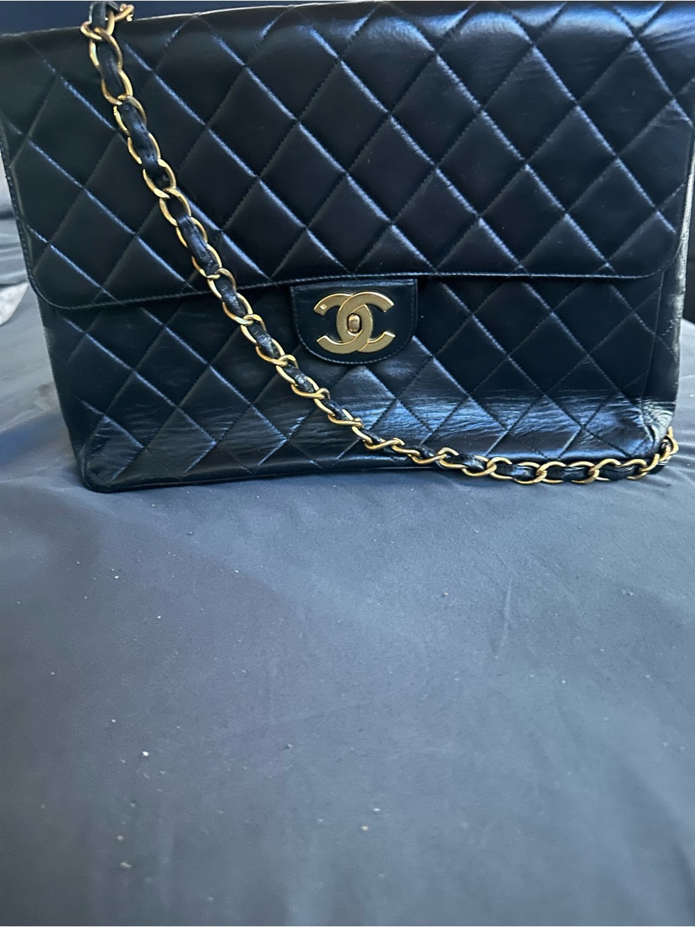 Vintage Chanel Quilted Jumbo Classic Flap Bag in Black with 24k Gold Hardware